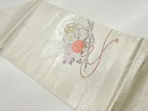 プラチナ箔笛・鼓・草花模様織り出し名古屋帯